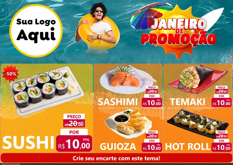 Modelo de Encarte para Encarte A4 Horizontal com o tema Janeiro de Promoção para Comida japonesa