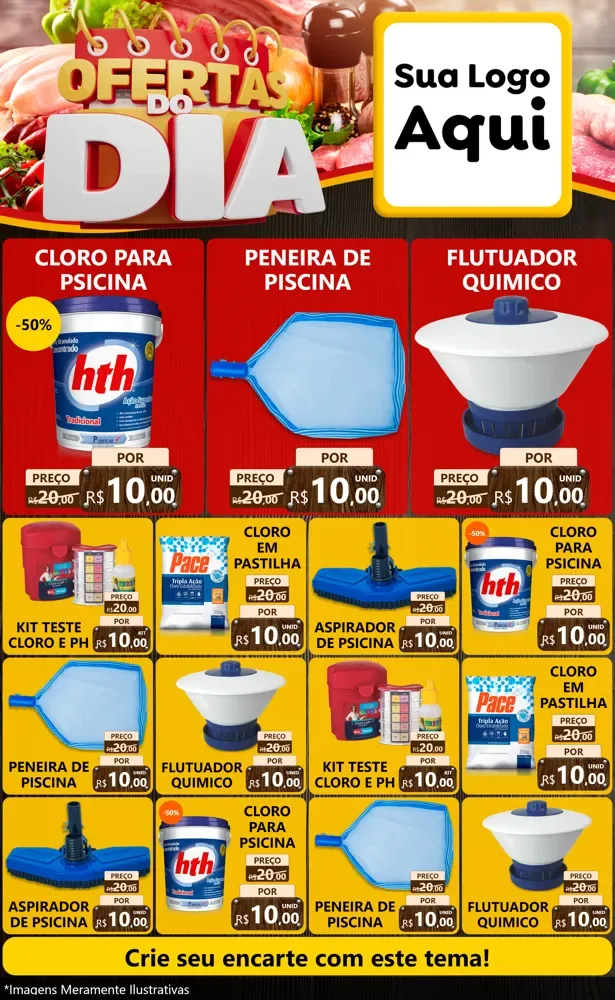 Modelo de Encarte para Encarte Grande com o tema Ofertas do Dia para Produtos para Piscina