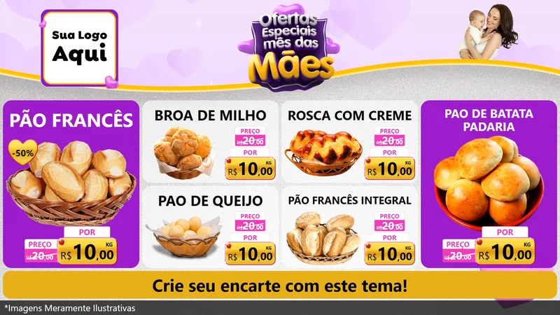 Modelo de TV para TV Horizontal com o tema Ofertas Especiais - Mês das Mães para Padaria