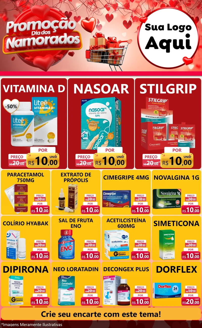 Modelo de Encarte para Encarte Grande com o tema Promoção Dia dos Namorados para Farmácia