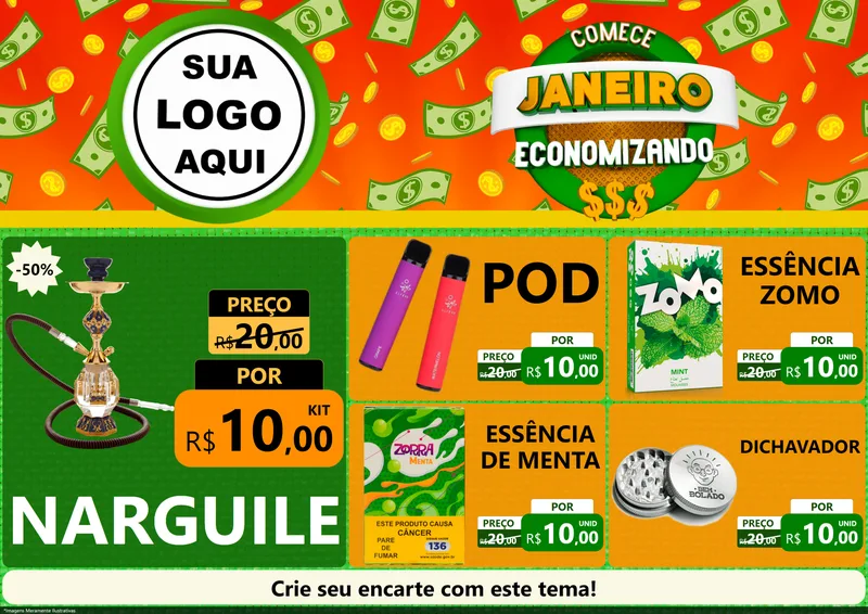 Modelo de Encarte para Encarte A4 Horizontal com o tema Comece Janeiro Economizando para Tabacaria