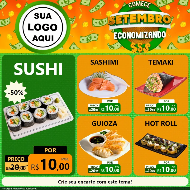 Modelo de Rede Social para Feed Facebook com o tema Comece Setembro Economizando para Comida japonesa