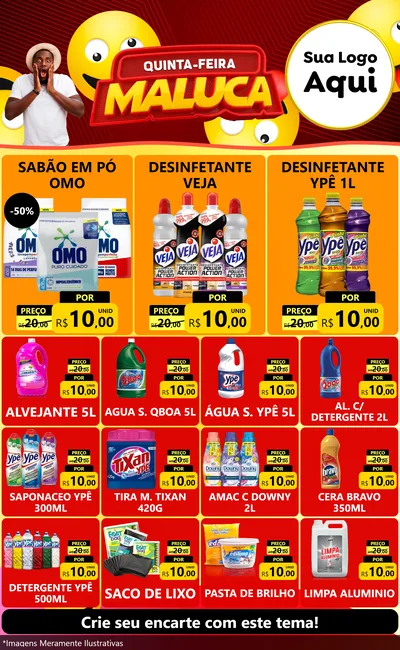 Modelo de Encarte para Encarte Grande com o tema Quinta-feira Maluca para Produtos de Limpeza