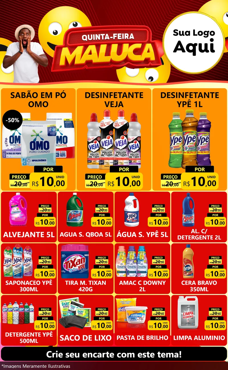 Modelo de Encarte para Encarte Grande com o tema Quinta-feira Maluca para Produtos de Limpeza