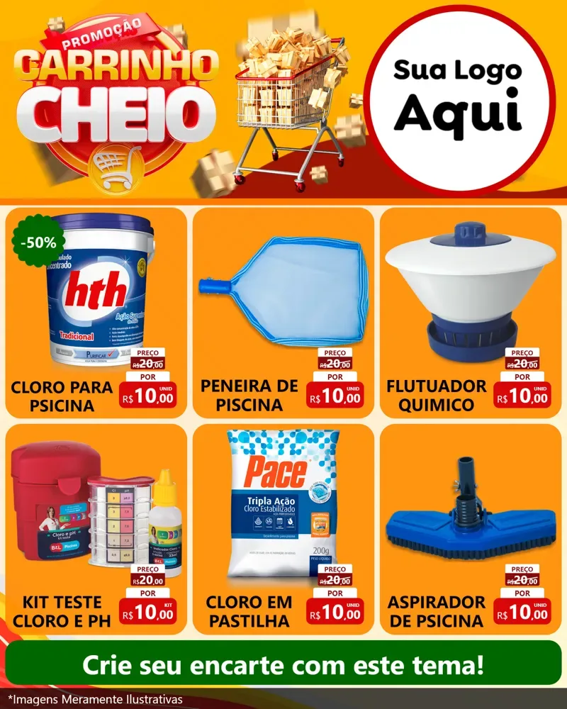 Modelo de Rede Social para Feed Instagram com o tema Promoção carrinho cheio para Produtos para Piscina