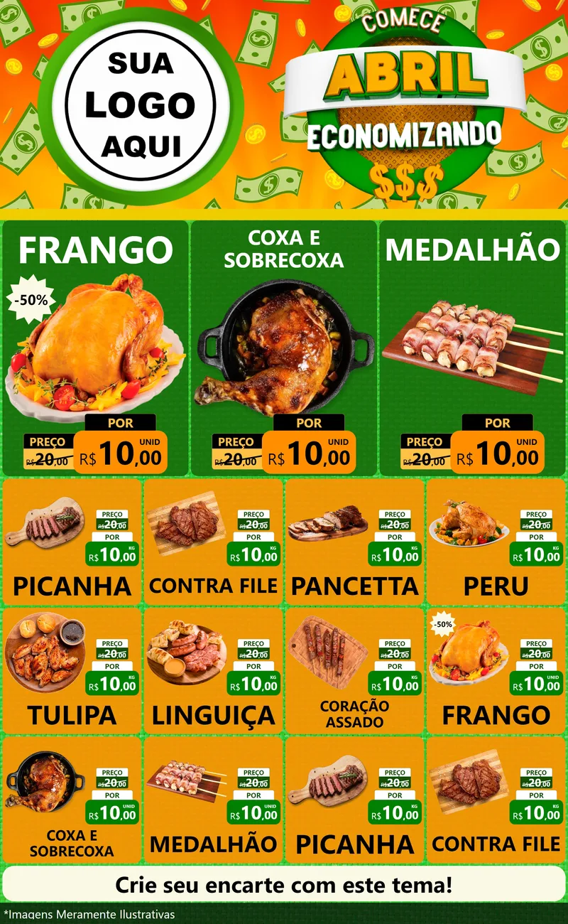Modelo de Encarte para Encarte Grande com o tema Comece Abril Economizando para Assados