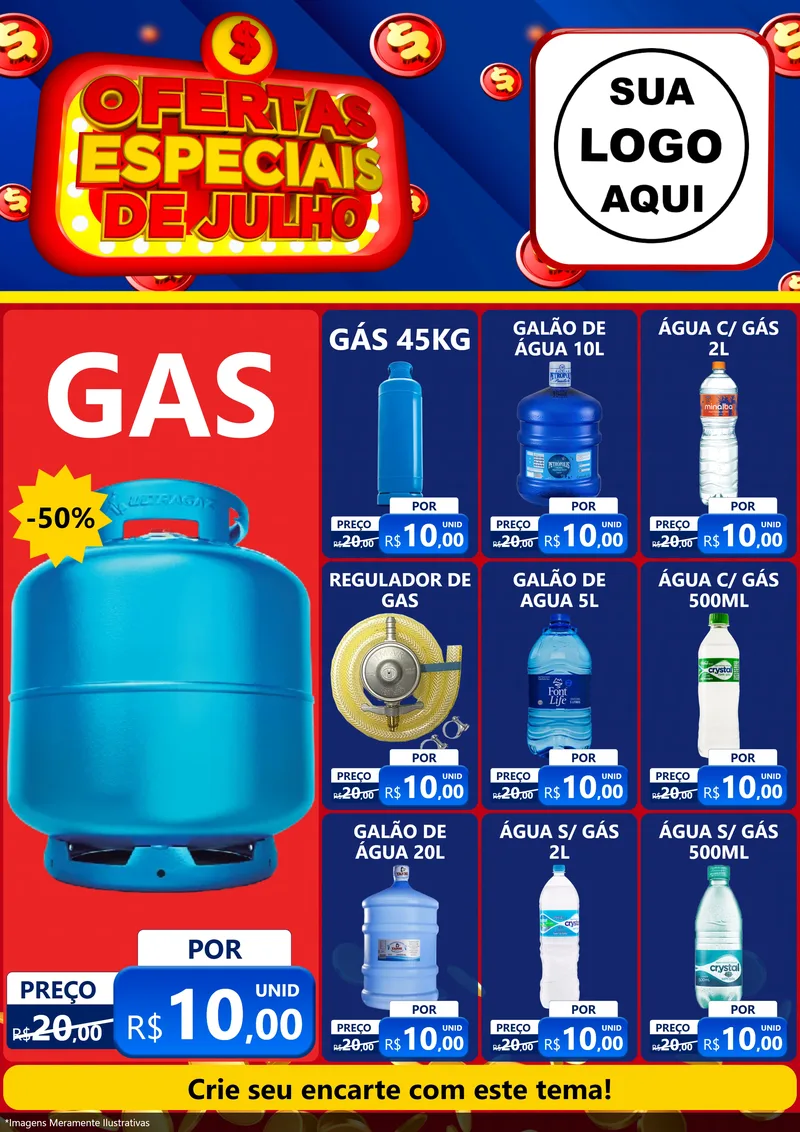 Modelo de Encarte para Encarte A4 Vertical com o tema Ofertas Especiais de Julho para Água e gás