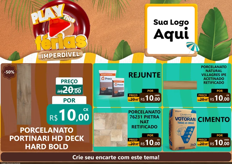 Modelo de Encarte para Encarte A4 Horizontal com o tema Play Nas Férias Imperdível para Pisos e revestimentos