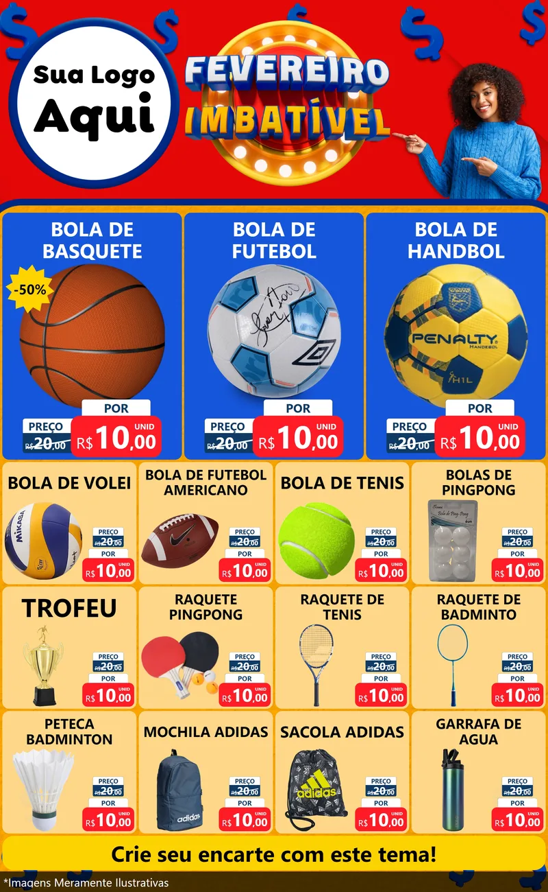 Modelo de Encarte para Encarte Grande com o tema Fevereiro Imbatível para Artigos Esportivos