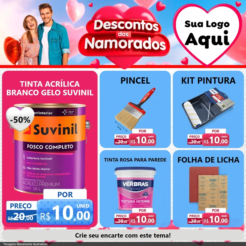 Modelo de Rede Social para Feed Facebook com o tema Descontos dos Namorados para Tintas e Ferramentas