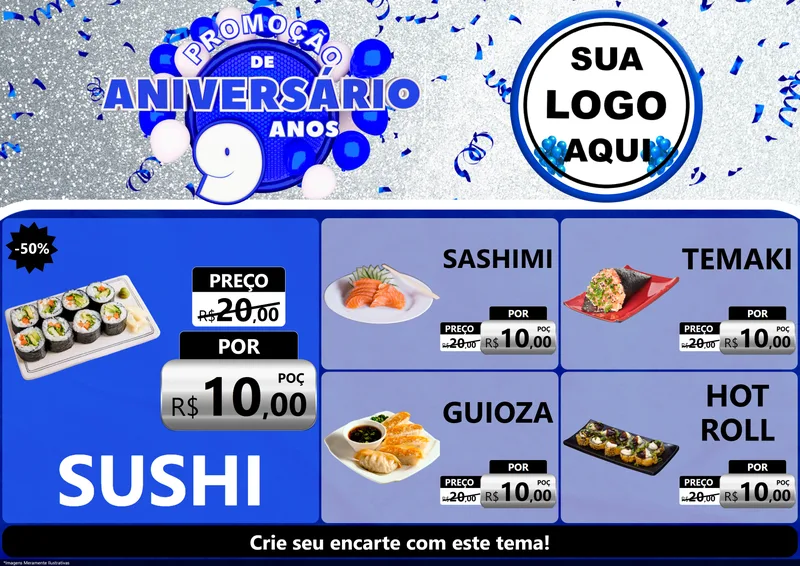Modelo de Encarte para Encarte A4 Horizontal com o tema Promoção de Aniversário - 9 Anos para Comida japonesa