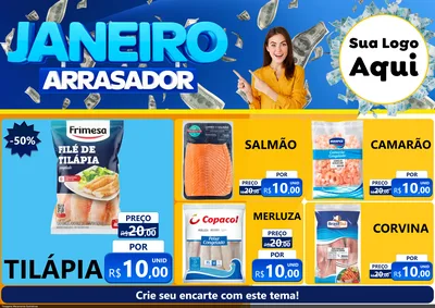 Modelo de Encarte para Encarte A4 Horizontal com o tema Janeiro Arrasador para Peixaria