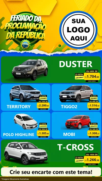 Modelo de TV para TV Vertical com o tema Feriado da Proclamação da República para Concessionaria de Carros