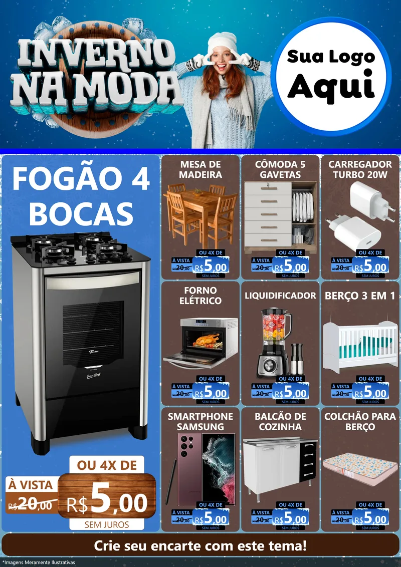 Modelo de Encarte para Encarte A4 Vertical com o tema Inverno na Moda para Móveis e Eletro