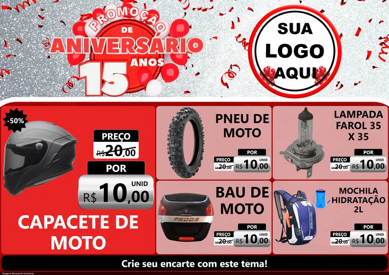 Modelo de Encarte para Encarte A4 Horizontal com o tema Promoção de Aniversário - 15 Anos para Moto peças