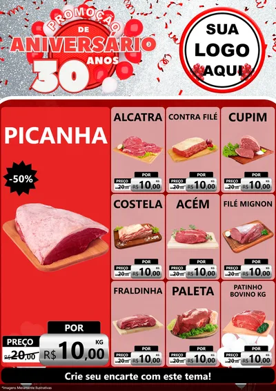 Modelo de Encarte para Encarte A4 Vertical com o tema Promoção de Aniversário - 30 Anos para Açougue