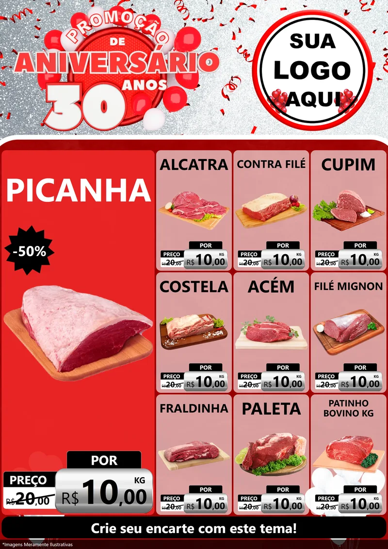 Modelo de Encarte para Encarte A4 Vertical com o tema Promoção de Aniversário - 30 Anos para Açougue