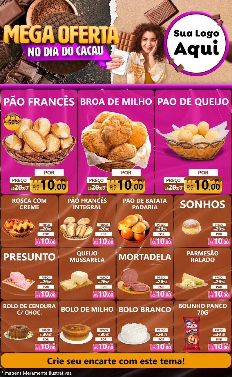 Modelo de Encarte para Encarte Grande com o tema Mega Oferta no Dia do Cacau para Padaria
