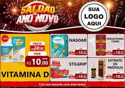 Modelo de Encarte para Encarte A4 Horizontal com o tema Saldão de Ano Novo para Farmácia