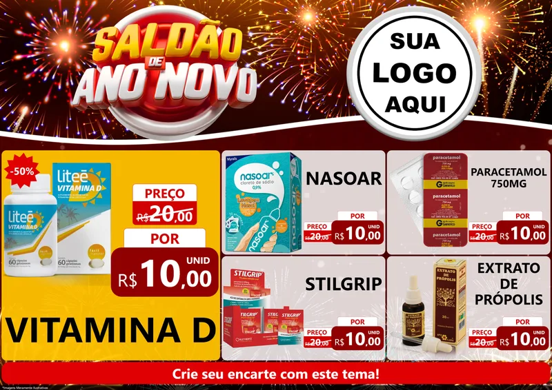 Modelo de Encarte para Encarte A4 Horizontal com o tema Saldão de Ano Novo para Farmácia