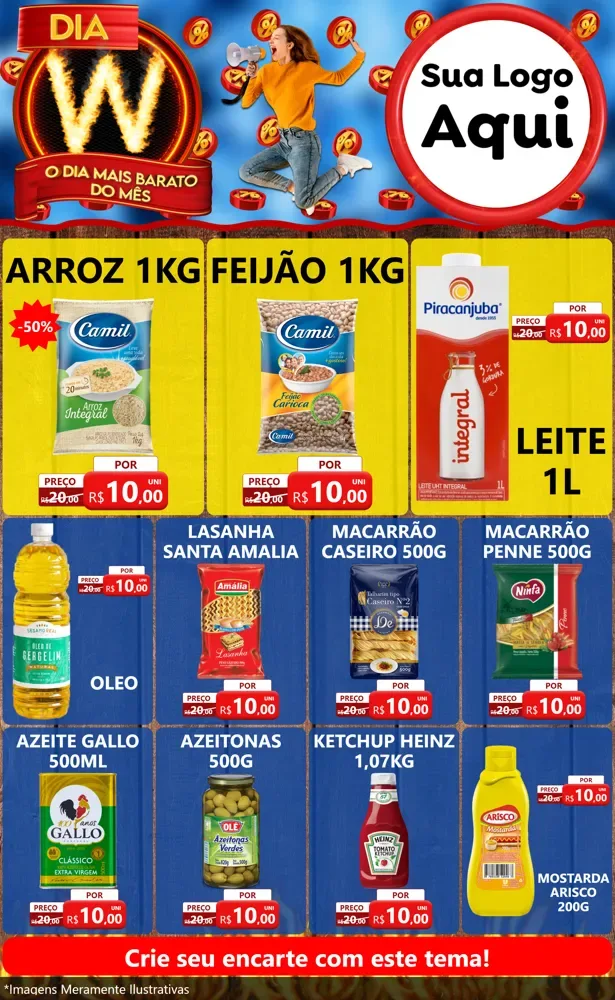 Modelo de Encarte para Encarte Grande com o tema Dia W - O Dia Mais Barato Do Mês para Supermercado