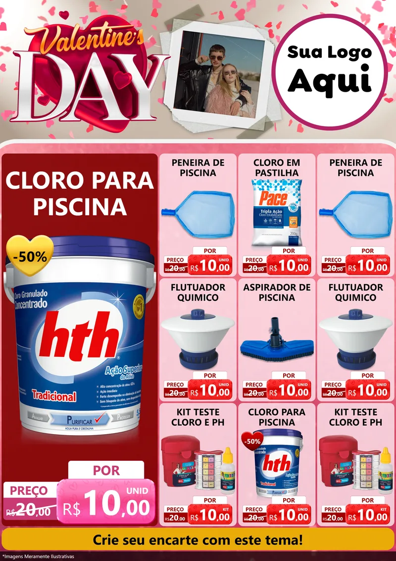 Modelo de Encarte para Encarte A4 Vertical com o tema Valentine's Day para Produtos para Piscina