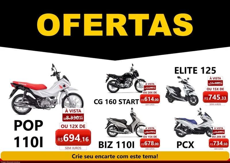 Modelo de Encarte para Encarte A4 Horizontal com o tema Ofertas Preto e Vermelho Cartaz para Concessionaria de Motos