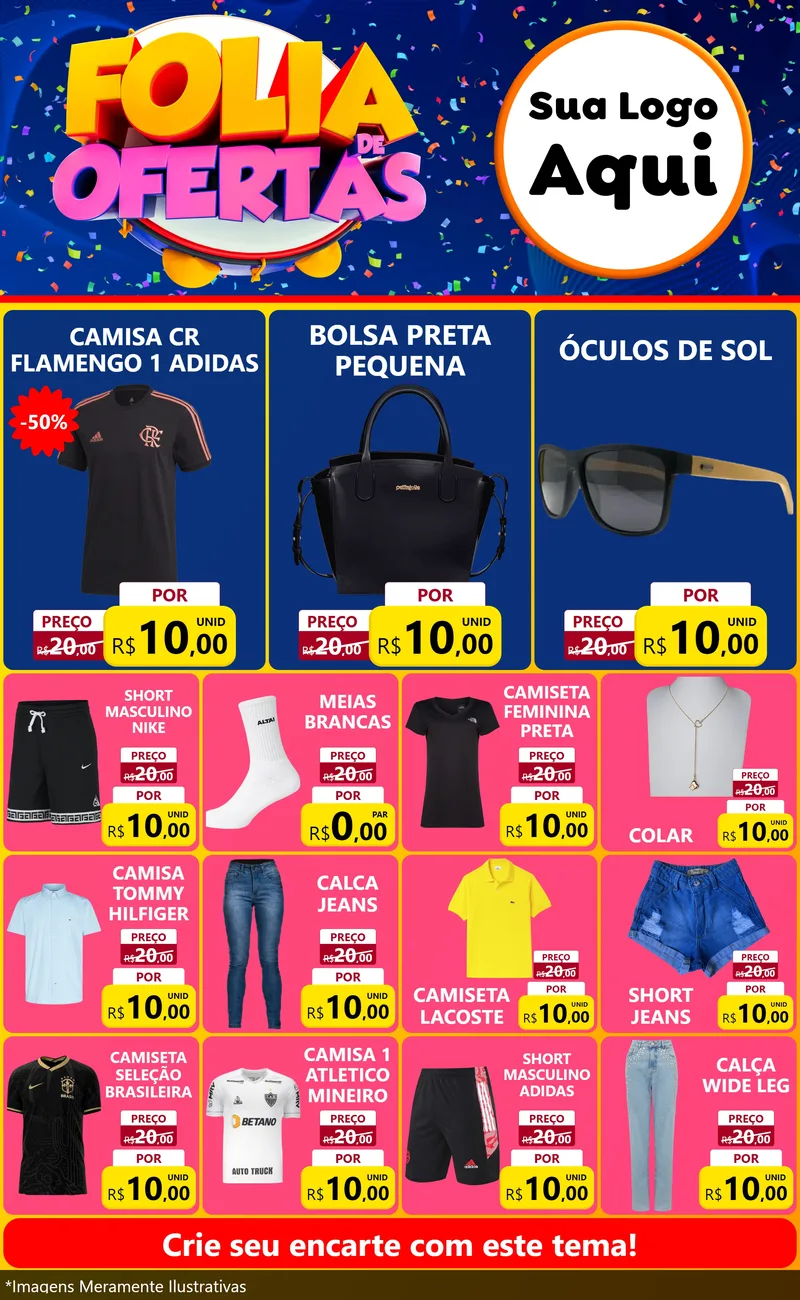 Modelo de Encarte para Encarte Grande com o tema Folia de Ofertas para Roupas e acessórios