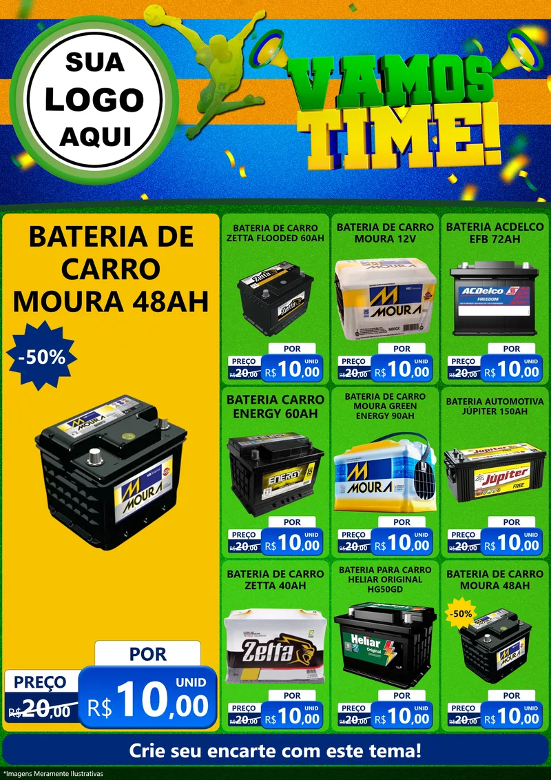 Modelo de Encarte para Encarte A4 Vertical com o tema Vamos Time! para Baterias Elétricas