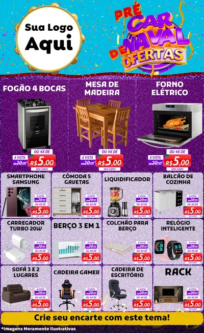 Modelo de Encarte para Encarte Grande com o tema Pré Carnaval de Ofertas para Móveis e Eletro