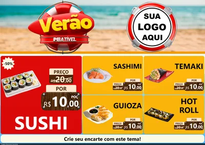 Modelo de Encarte para Encarte A4 Horizontal com o tema Verão Imbatível para Comida japonesa