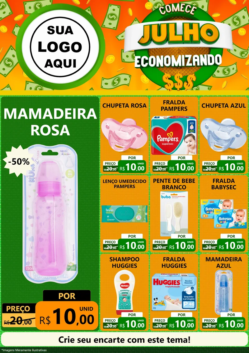 Modelo de Encarte para Encarte A4 Vertical com o tema Comece Julho Economizando para Bebês