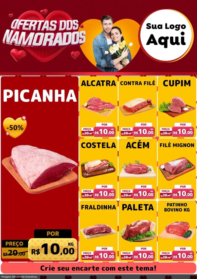 Modelo de Encarte para Encarte A4 Vertical com o tema Ofertas Dos Namorados para Açougue