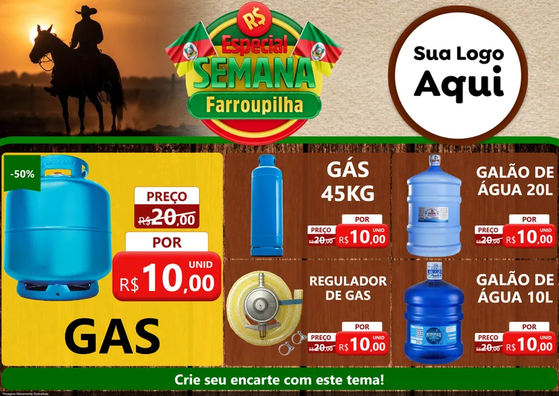 Modelo de Encarte para Encarte A4 Horizontal com o tema Especial Semana Farroupilha para Água e gás