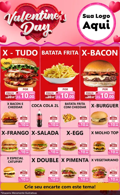 Modelo de Encarte para Encarte Grande com o tema Valentine's Day para Hamburgueria