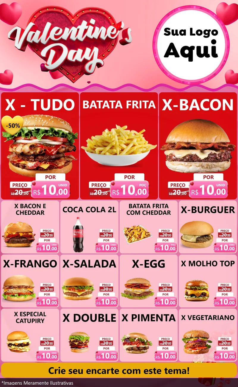Modelo de Encarte para Encarte Grande com o tema Valentine's Day para Hamburgueria