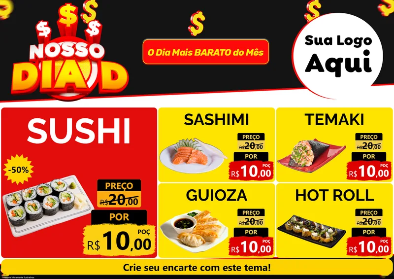 Modelo de Encarte para Encarte A4 Horizontal com o tema Nosso Dia D para Comida japonesa