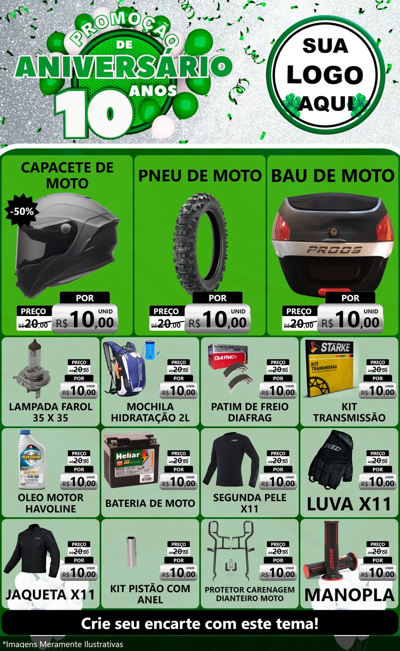 Modelo de Encarte para Encarte Grande com o tema Promoção de Aniversário - 10 Anos para Moto peças