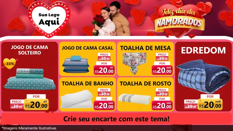 Modelo de TV para TV Horizontal com o tema Feliz Dia Dos Namorados para Cama, Mesa e Banho