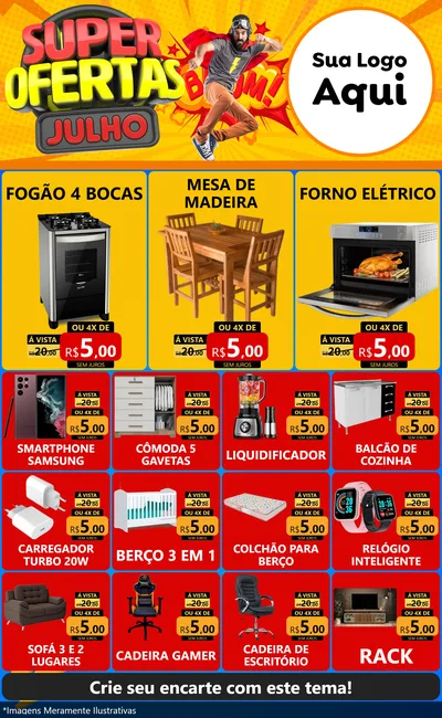 Modelo de Encarte para Encarte Grande com o tema Super Ofertas Julho para Móveis e Eletro