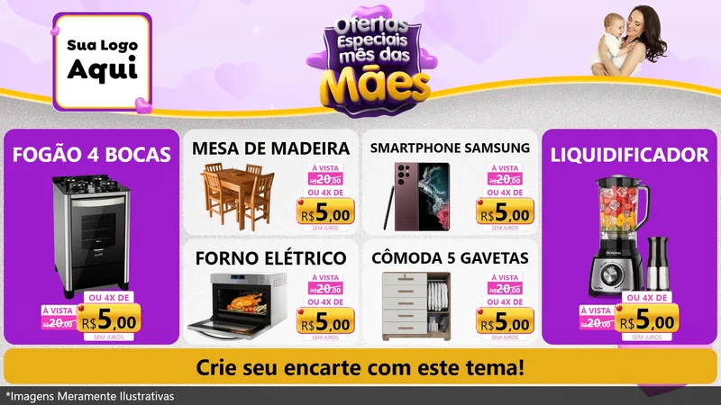 Modelo de TV para TV Horizontal com o tema Ofertas Especiais - Mês das Mães para Móveis e Eletro