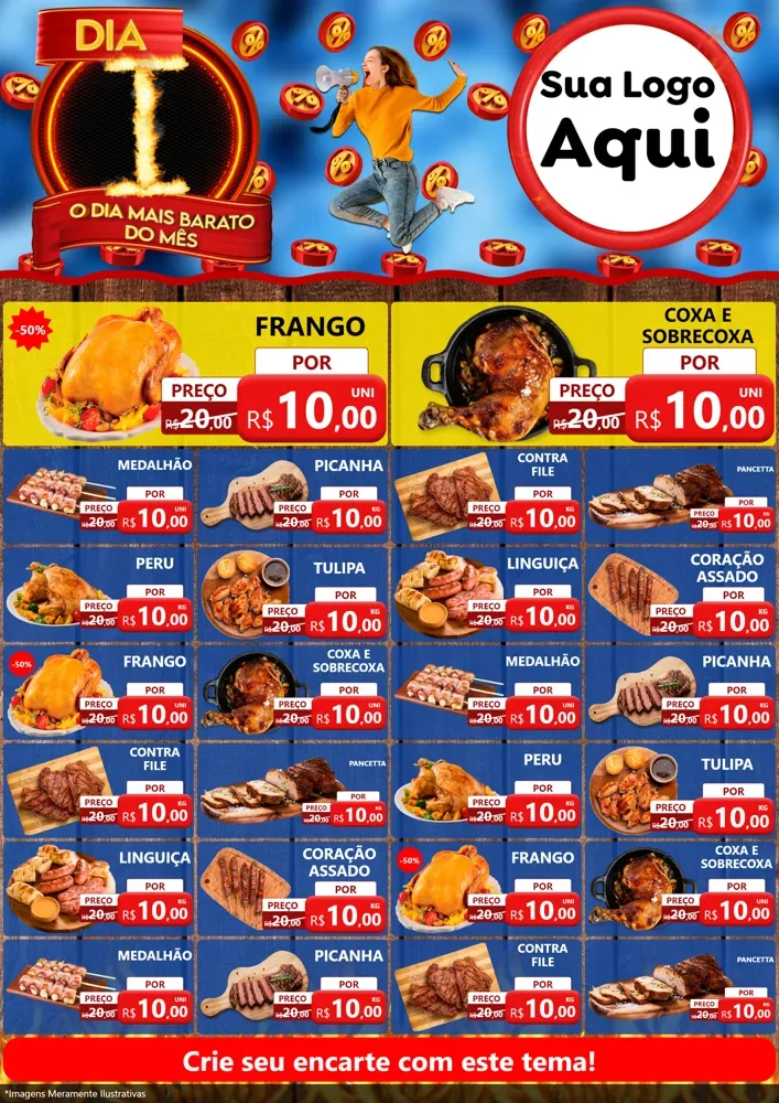 Modelo de Encarte para Encarte A4 Vertical com o tema Dia I - O Dia Mais Barato Do Mês para Assados