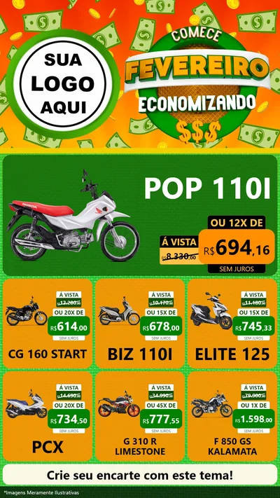 Modelo de Rede Social para Stories com o tema Comece Fevereiro Economizando para Concessionaria de Motos
