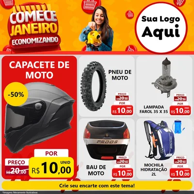 Modelo de Rede Social para Feed Facebook com o tema Comece Janeiro Economizando para Moto peças