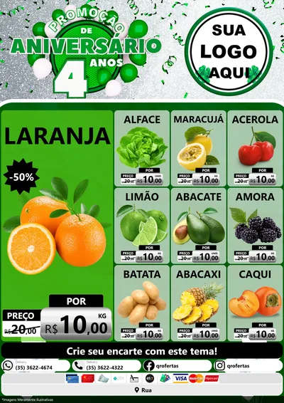 Modelo de Encarte para Encarte A4 Vertical com o tema Promoção de Aniversário - 4 Anos para Hortifrúti