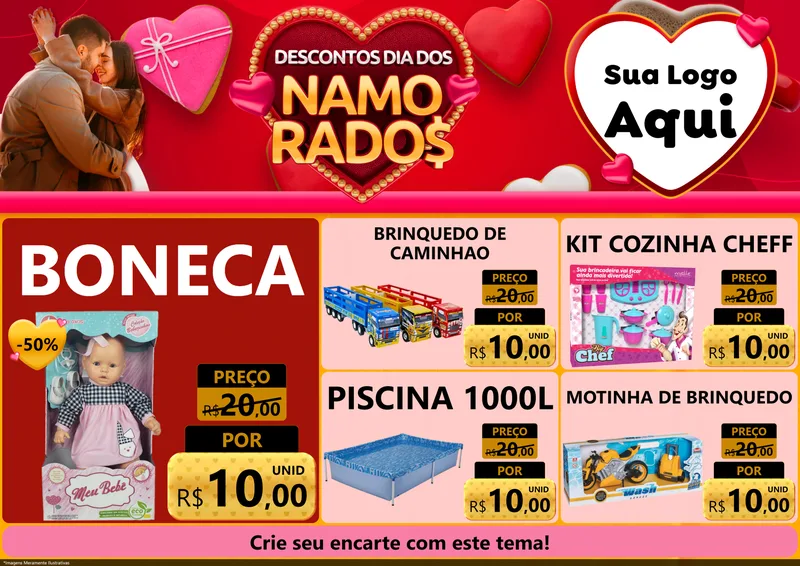 Modelo de Encarte para Encarte A4 Horizontal com o tema Descontos Dia dos Namorados para Brinquedos