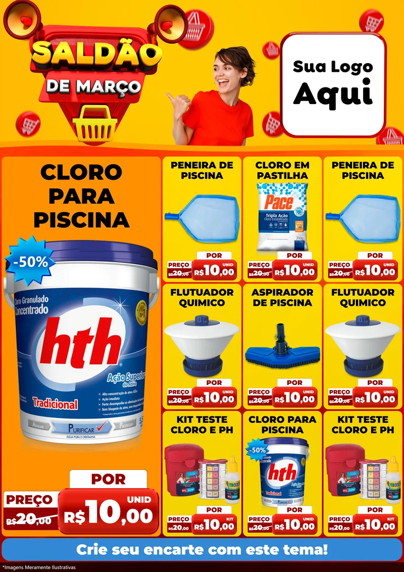 Modelo de Encarte para Encarte A4 Vertical com o tema Saldão de Março para Produtos para Piscina