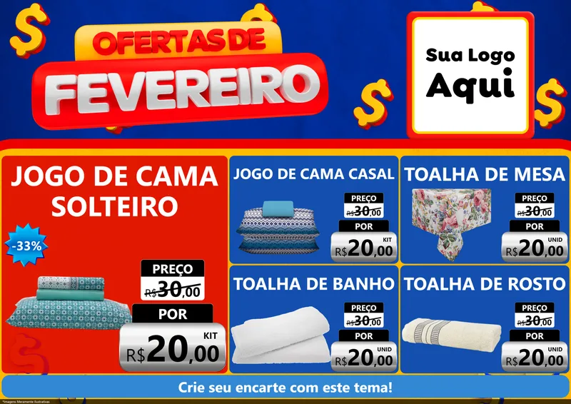 Modelo de Encarte para Encarte A4 Horizontal com o tema Ofertas de Fevereiro para Cama, Mesa e Banho