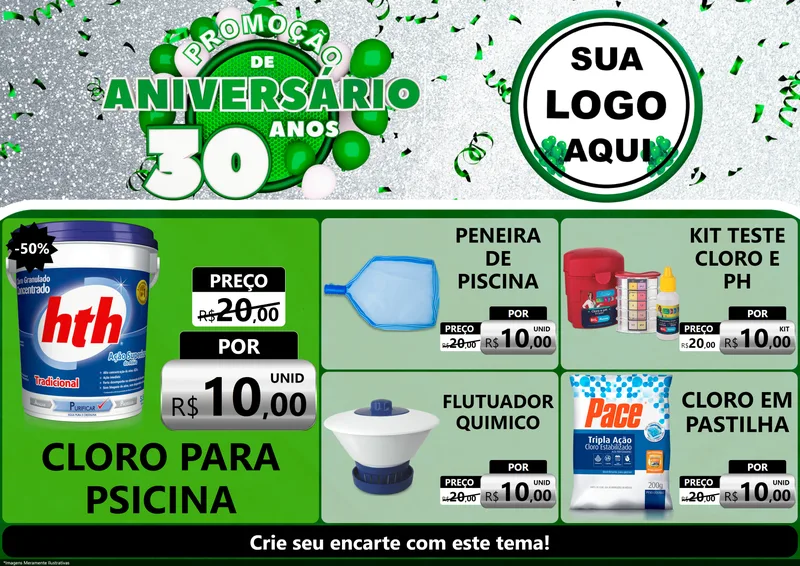 Modelo de Encarte para Encarte A4 Horizontal com o tema Promoção de Aniversário - 30 Anos para Produtos para Piscina