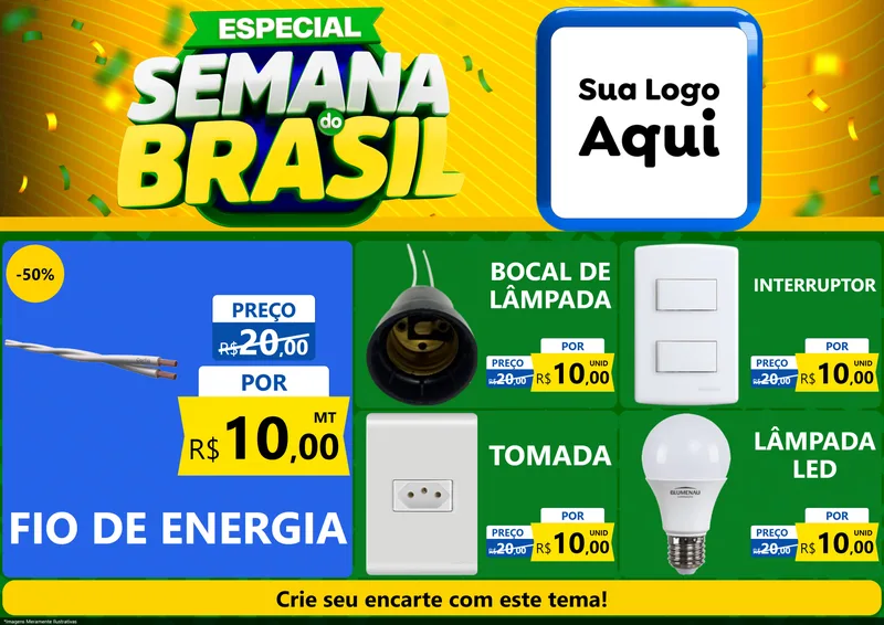 Modelo de Encarte para Encarte A4 Horizontal com o tema Especial Semana do Brasil para Materiais Elétricos